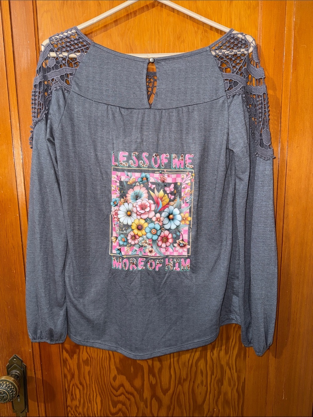 Maurices Gray Long Sleeve Crochet Shoulder Floral Graphic Top